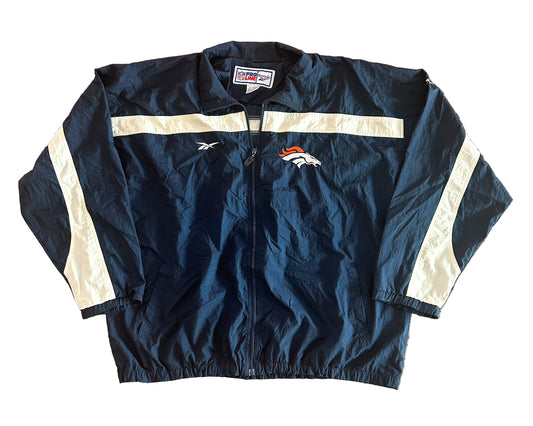 Vintage 90s Denver Broncos Reebok NFL Pro Line Windbreaker Jacket – Navy & White – Retro NFL Streetwear, Size -2XL