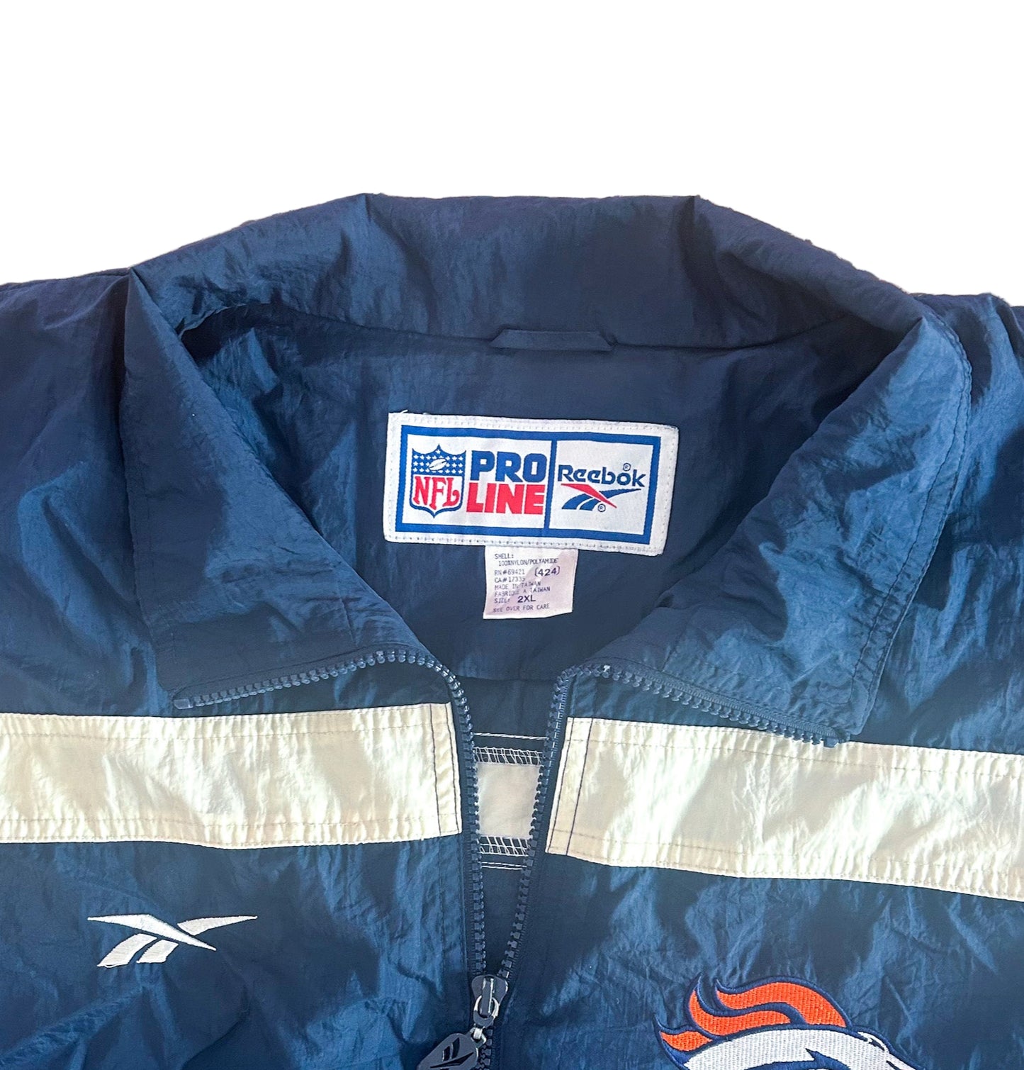Vintage 90s Denver Broncos Reebok NFL Pro Line Windbreaker Jacket – Navy & White – Retro NFL Streetwear, Size -2XL