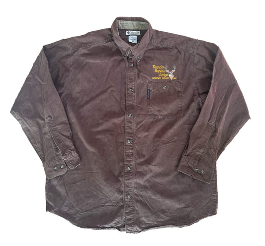 Vintage Columbia Thunder Rapids Lodge Shirt Brown – Outdoor Hunting Embroidered Deer Graphic Button-Up, Size - XL