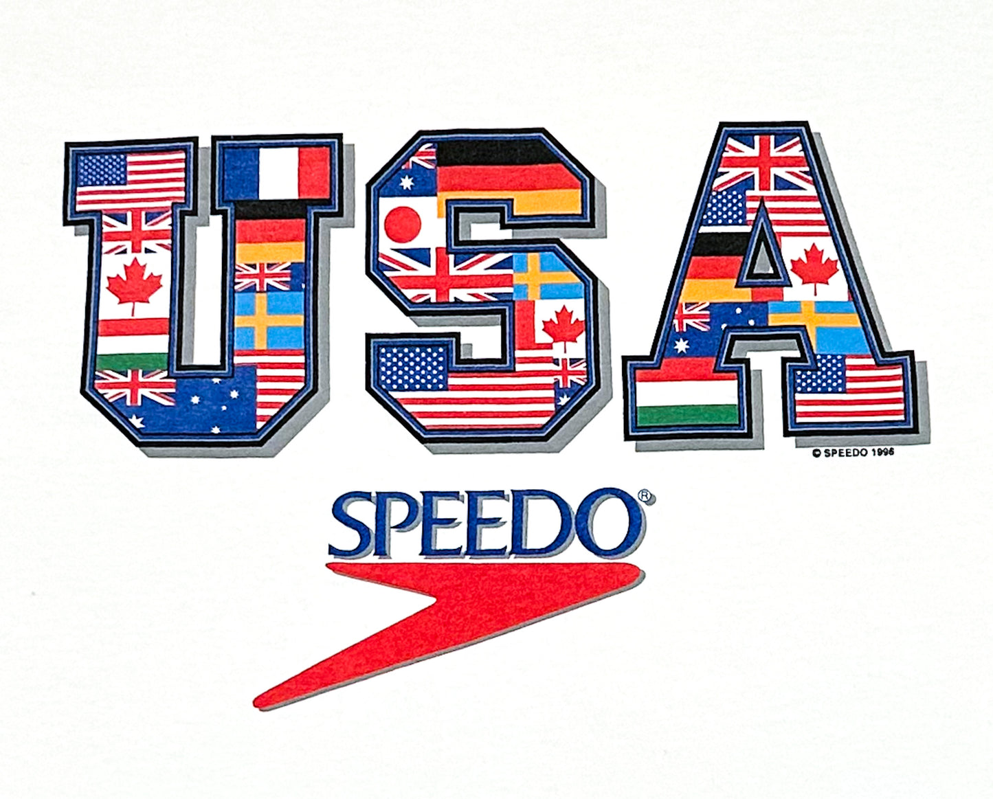 Vintage 1996 Speedo USA Graphic T-Shirt – Rare 90s Olympic Swimwear Tee, Speedo Logo, Flag Print – Size Large