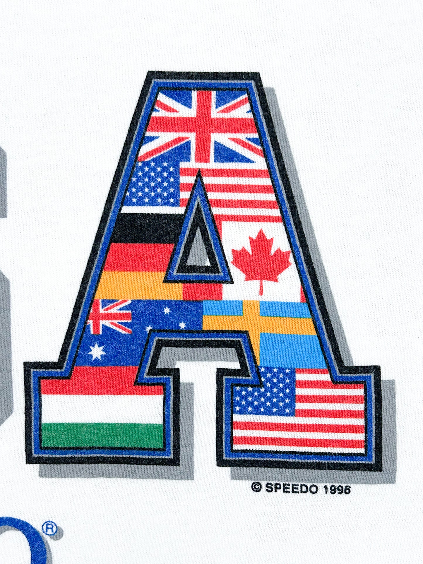 Vintage 1996 Speedo USA Graphic T-Shirt – Rare 90s Olympic Swimwear Tee, Speedo Logo, Flag Print – Size Large