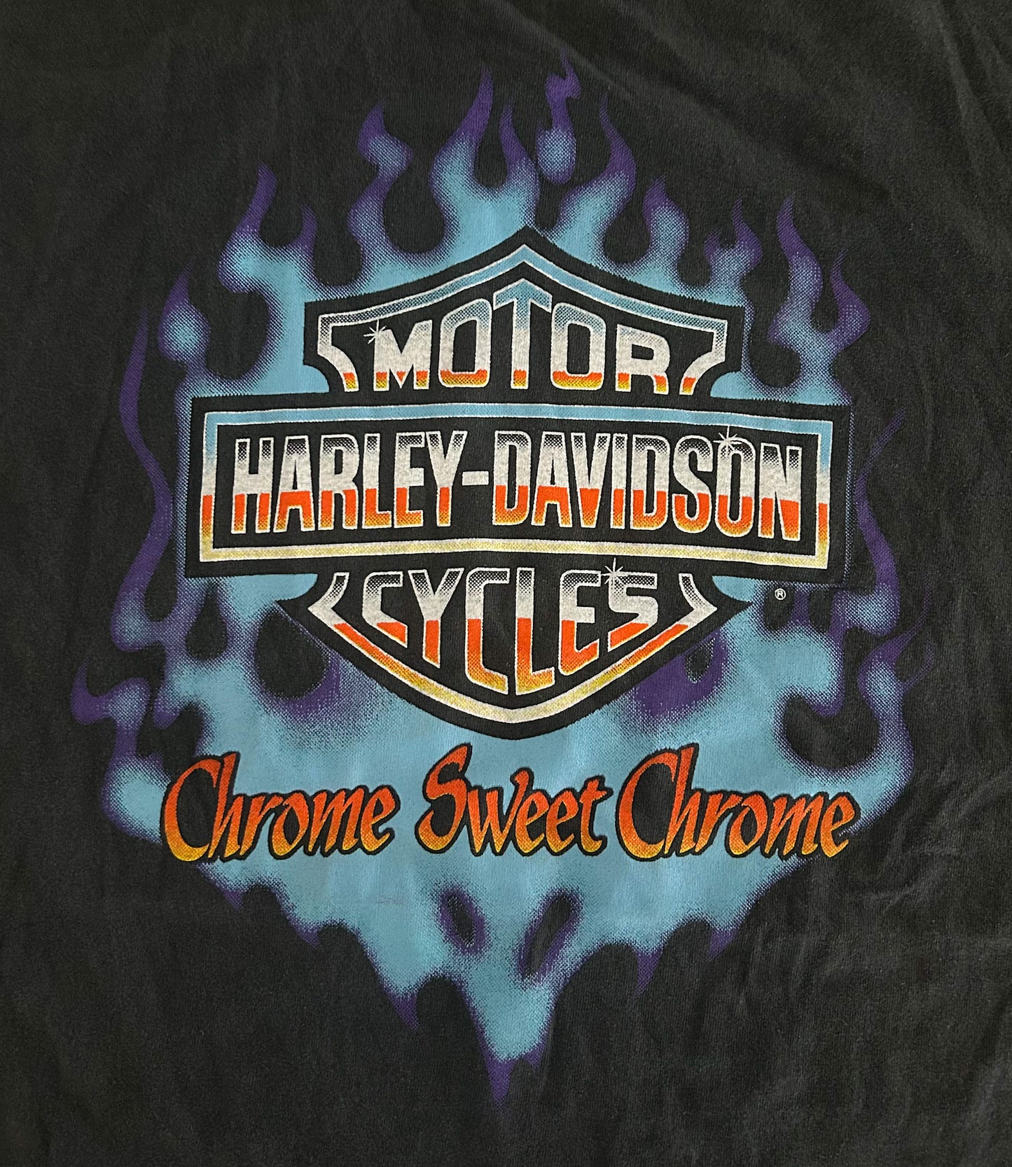 Vintage 1990s Harley-Davidson Single Stitch T-Shirt Chrome Sweet Chrome Flames Daytona Beach Biker Tee Black, Size-Large