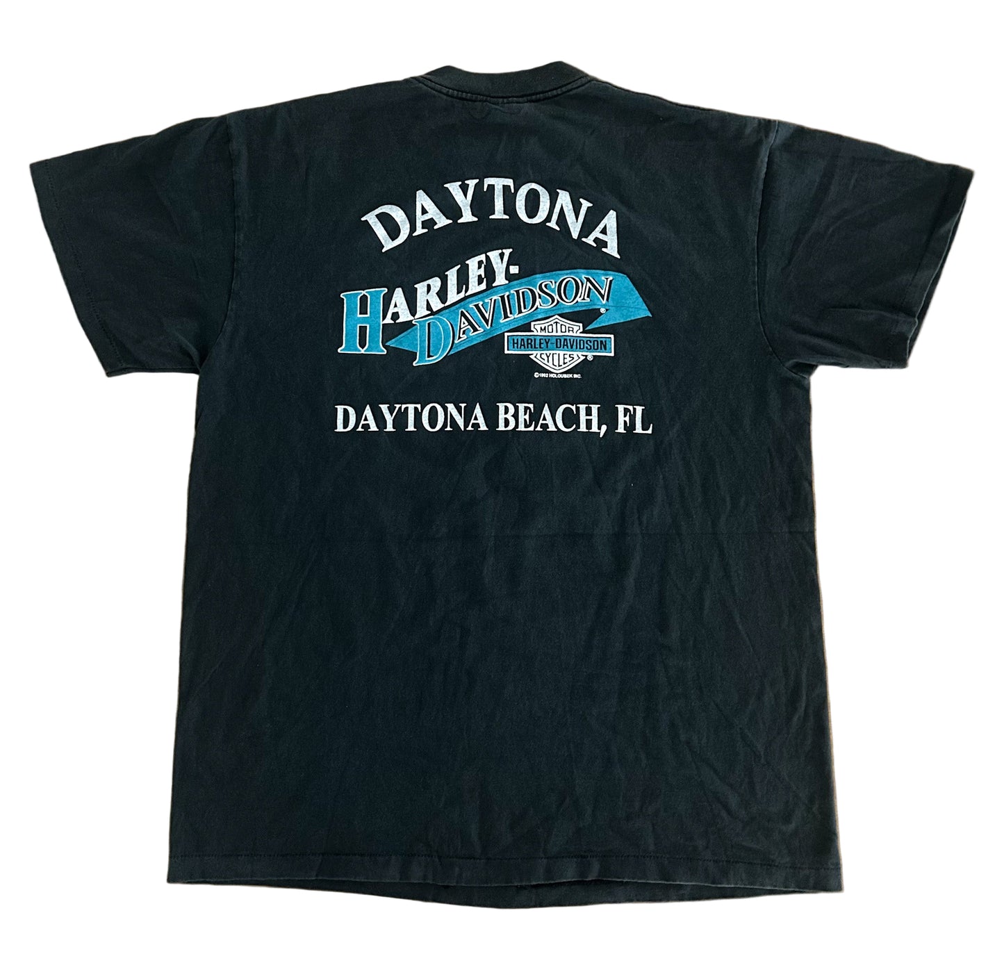 Vintage 1990s Harley-Davidson Single Stitch T-Shirt Chrome Sweet Chrome Flames Daytona Beach Biker Tee Black, Size-Large