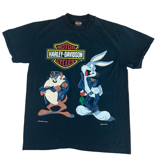 Harley-Davidson Looney Tunes T-Shirt – Bugs Bunny & Taz Biker Tee Black Single Stitch Warner Bros, Size - XL