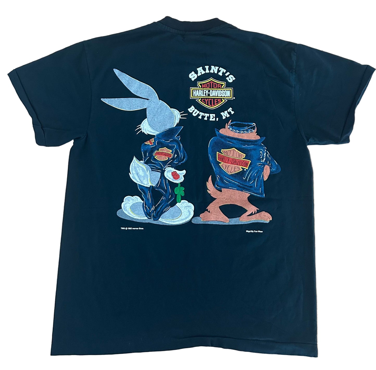 Harley-Davidson Looney Tunes T-Shirt – Bugs Bunny & Taz Biker Tee Black Single Stitch Warner Bros, Size - XL