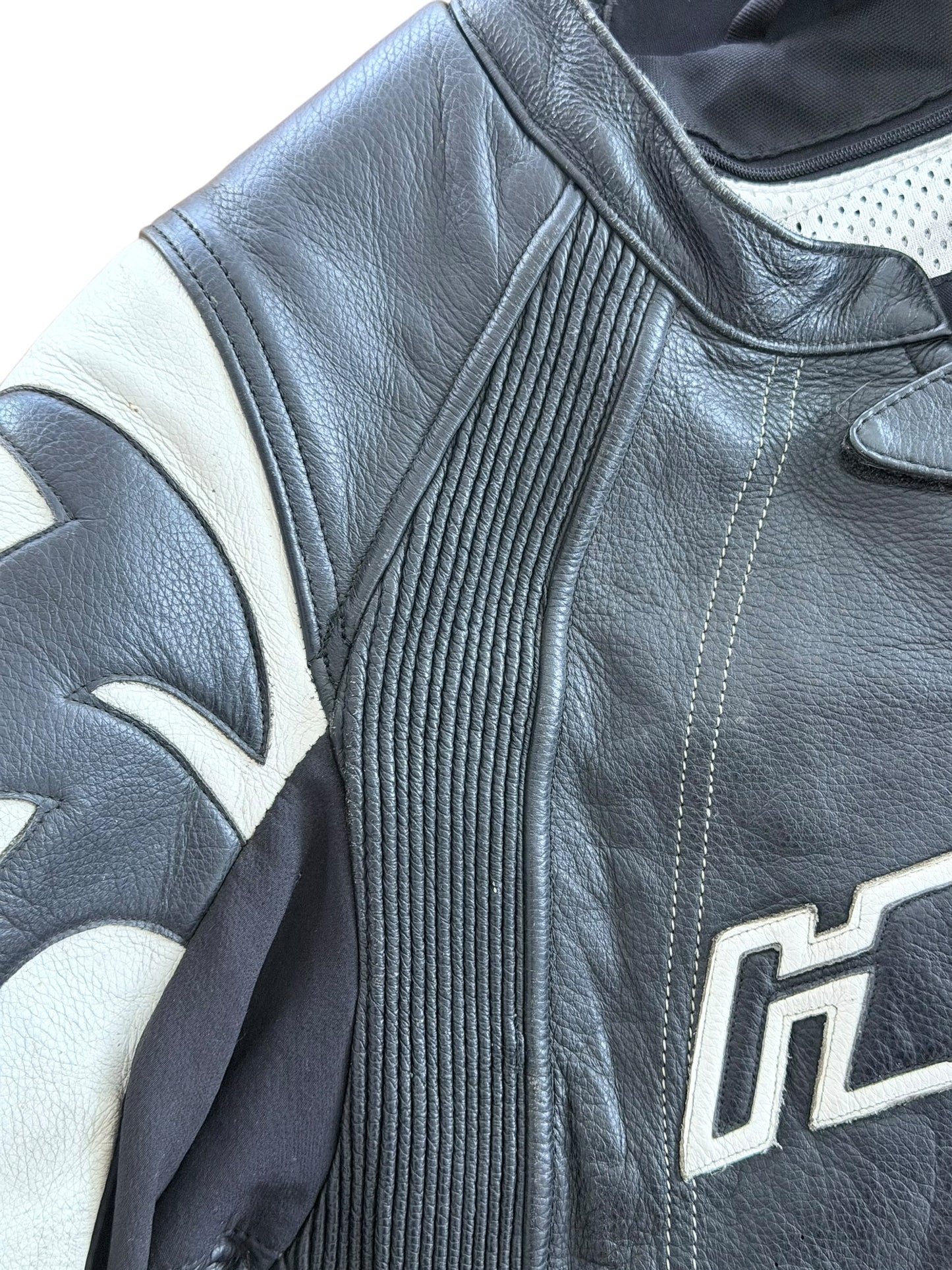 Vintage Hein Gericke Black and White Leather Motorcycle Cafe Racer Jacket, Large