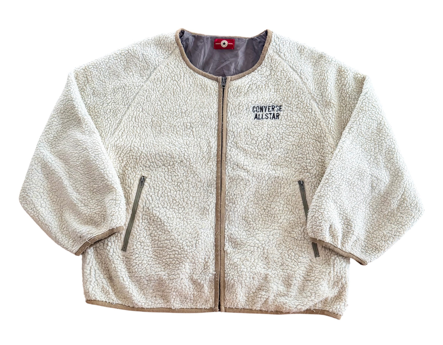 Converse All Star Sherpa Fleece Zip-Up Cream Teddy Jacket, size Large