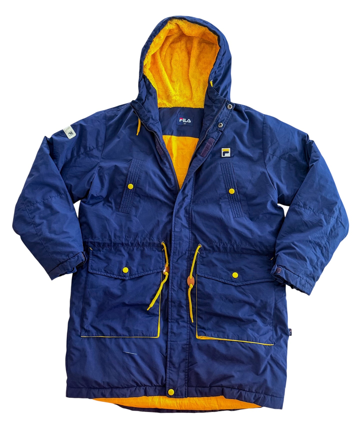 Vintage Fila Hooded Jacket Navy Yellow Parka Coat, Large