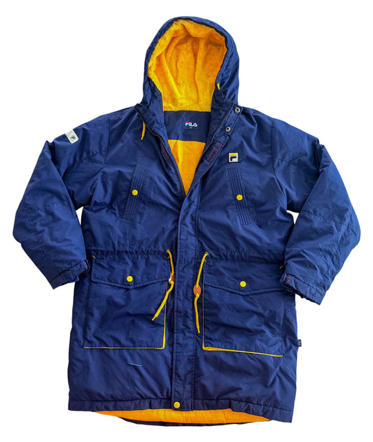 Vintage Fila Hooded Jacket Navy Yellow Parka Coat, Large