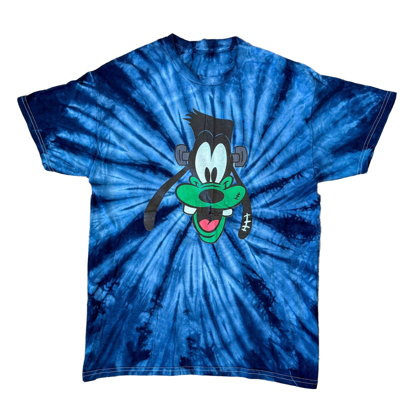 Vintage 90s Disney Goofy Tie Dye Blue Spiral Graphic Tee | Retro Streetwear Cartoon T-shirt, Size-Large