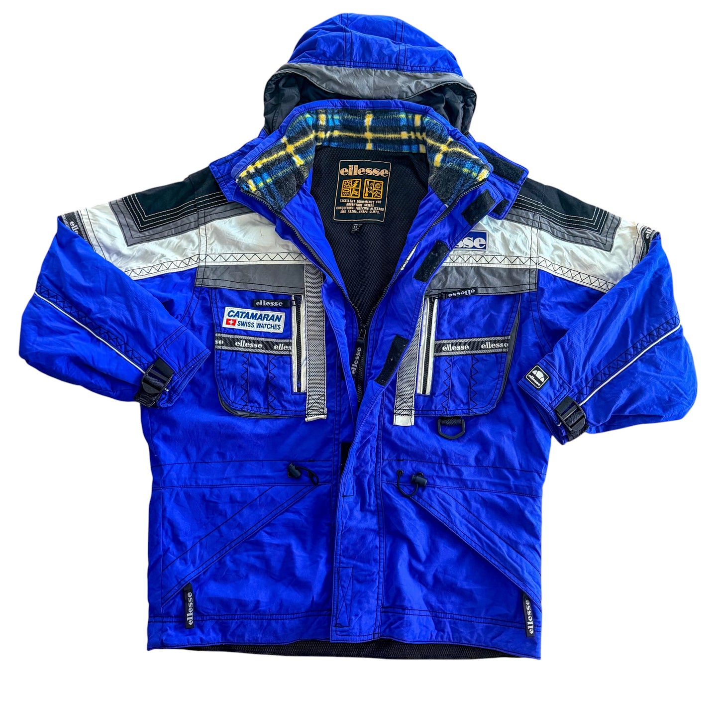 Vintage 80s Ellesse Technical Ski Jacket Blue Multi Pocket Hooded Jacket Size Large