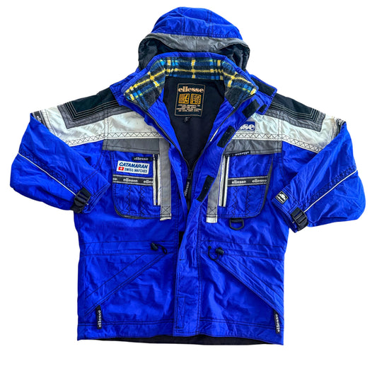 Vintage 80s Ellesse Technical Ski Jacket Blue Multi Pocket Hooded Jacket Size Large