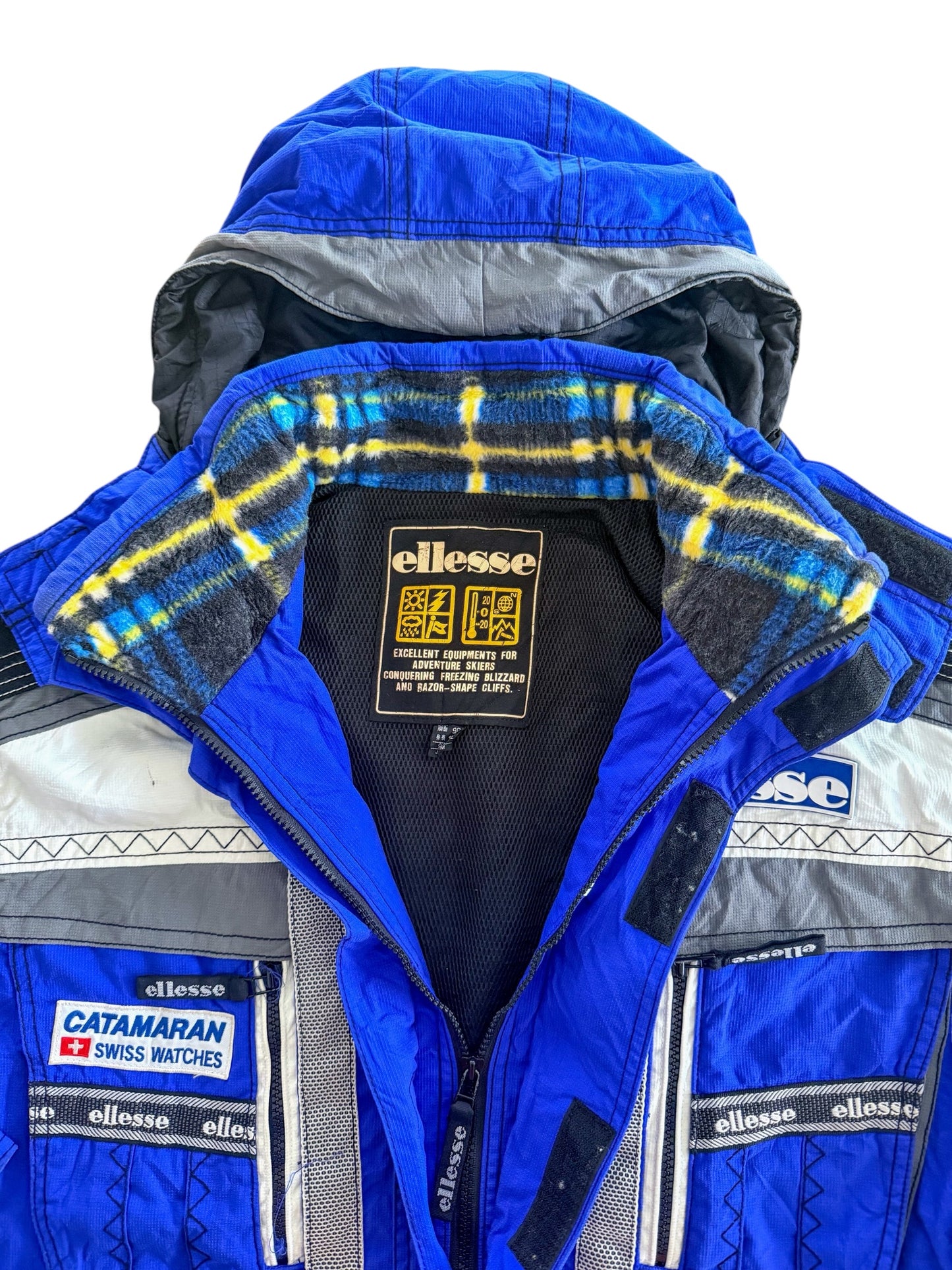 Vintage 80s Ellesse Technical Ski Jacket Blue Multi Pocket Hooded Jacket Size Large
