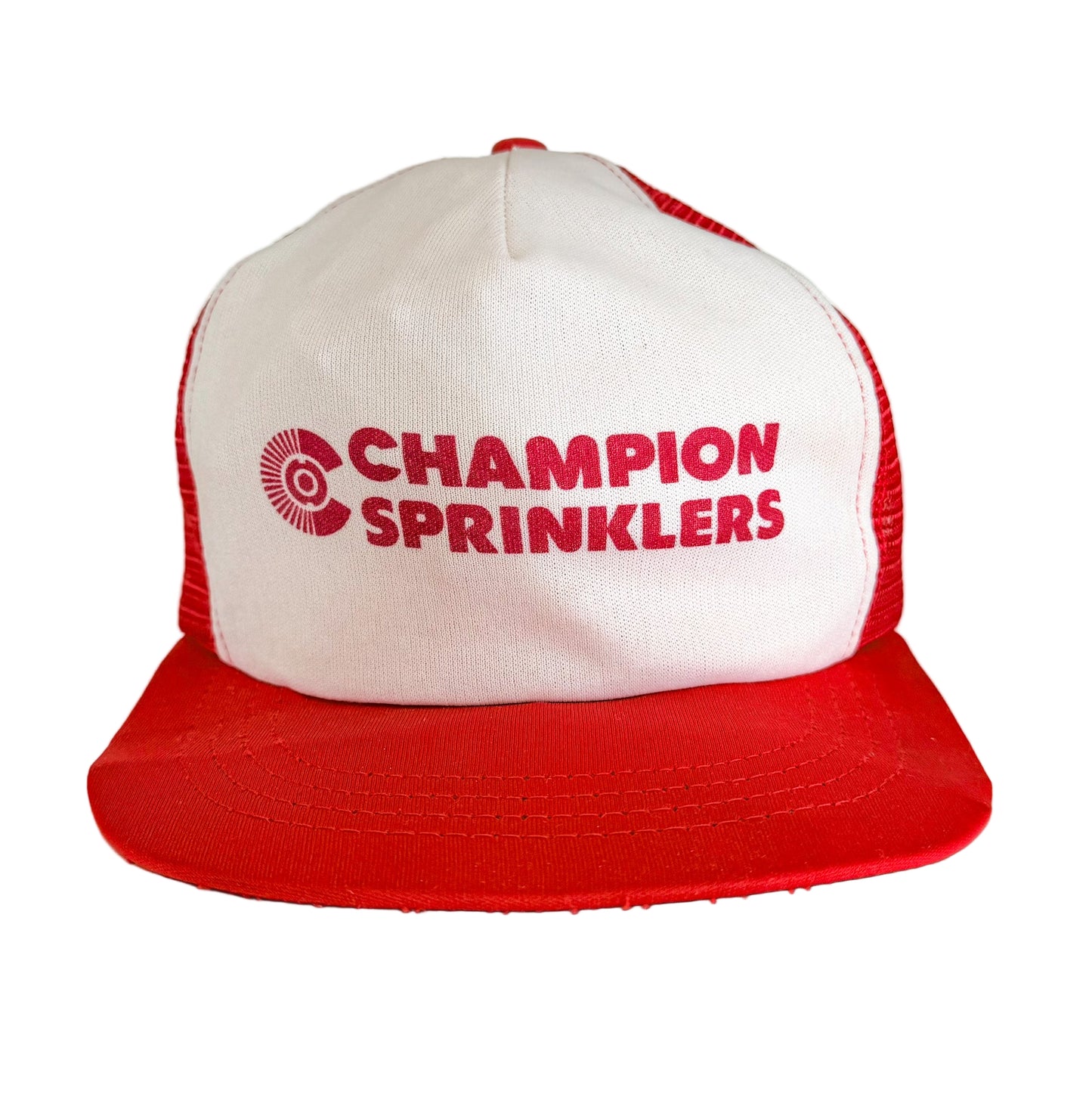 Vintage 80s Champion Sprinklers Red White Mesh Snapback Cap USA Promo Workwear Trucker Cap