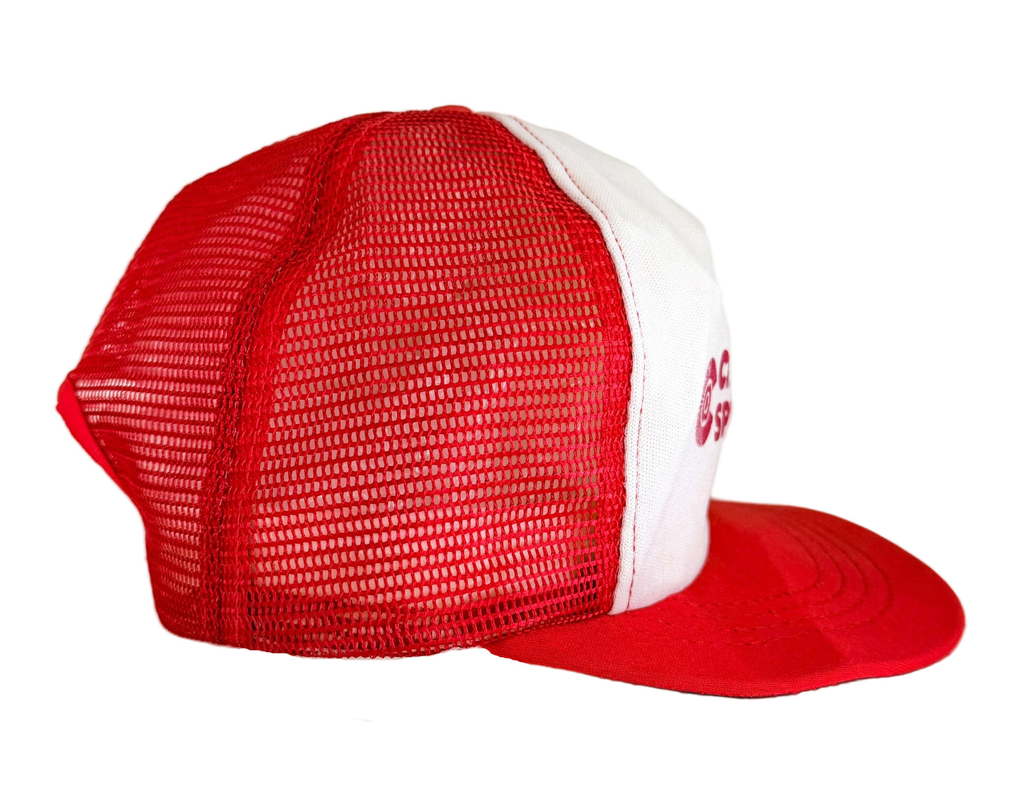 Vintage 80s Champion Sprinklers Red White Mesh Snapback Cap USA Promo Workwear Trucker Cap