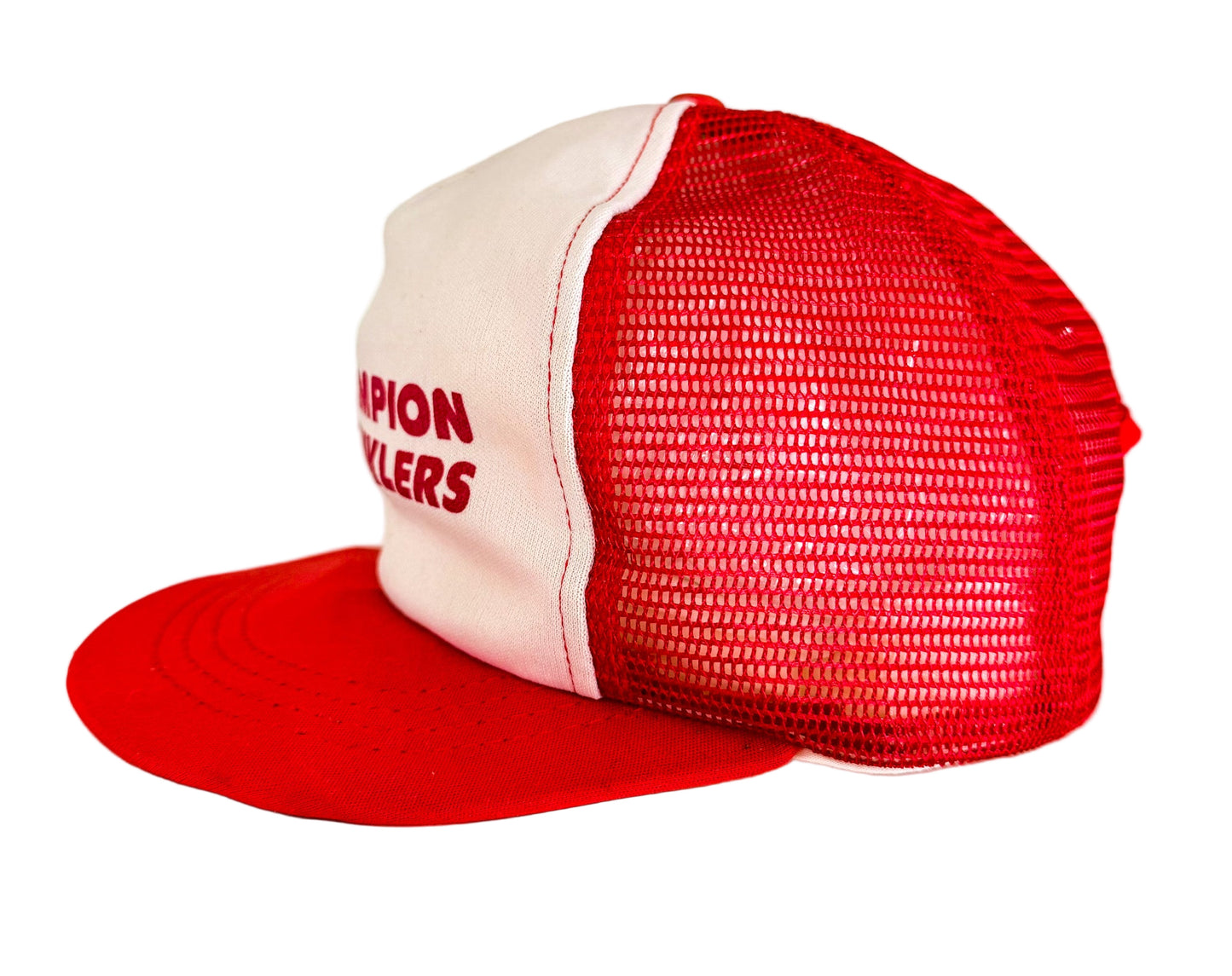 Vintage 80s Champion Sprinklers Red White Mesh Snapback Cap USA Promo Workwear Trucker Cap