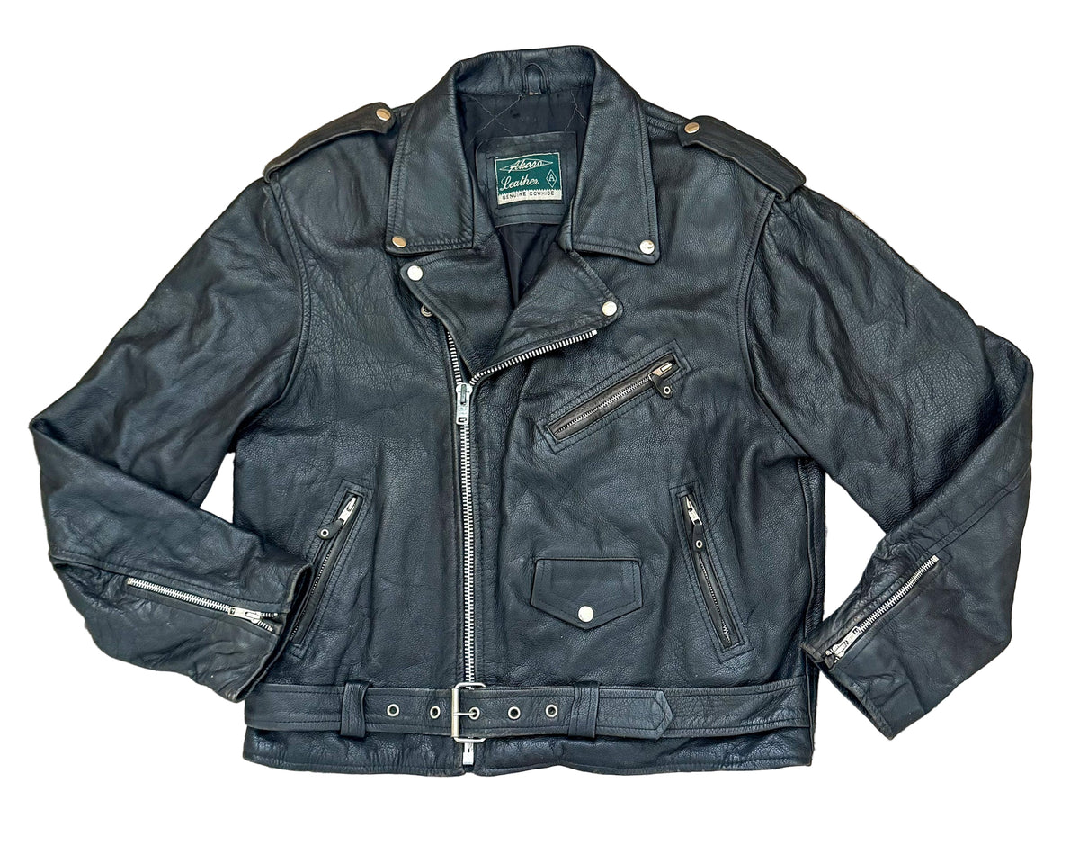 Vintage Akaso Black Leather Motorcycle Jacket – Genuine Cowhide 