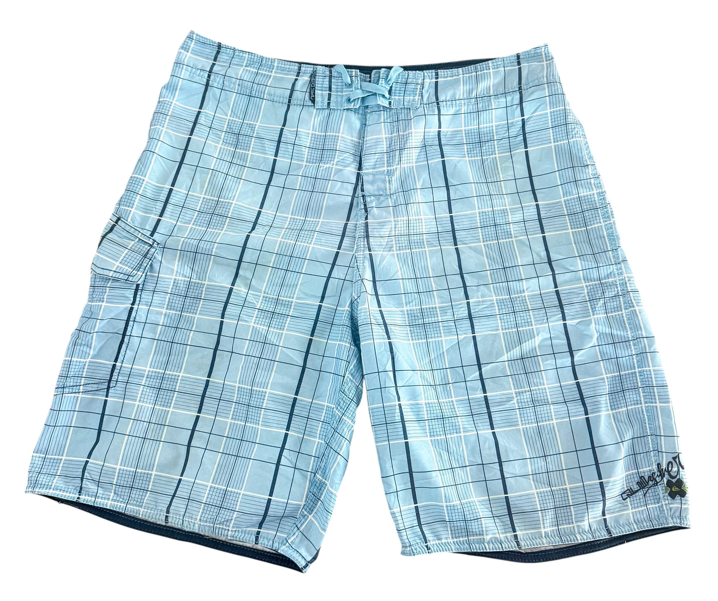 Vintage Quiksilver Blue Plaid Cargo Pocket Board Shorts, Large