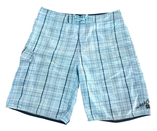Vintage Quiksilver Blue Plaid Cargo Pocket Board Shorts, Large