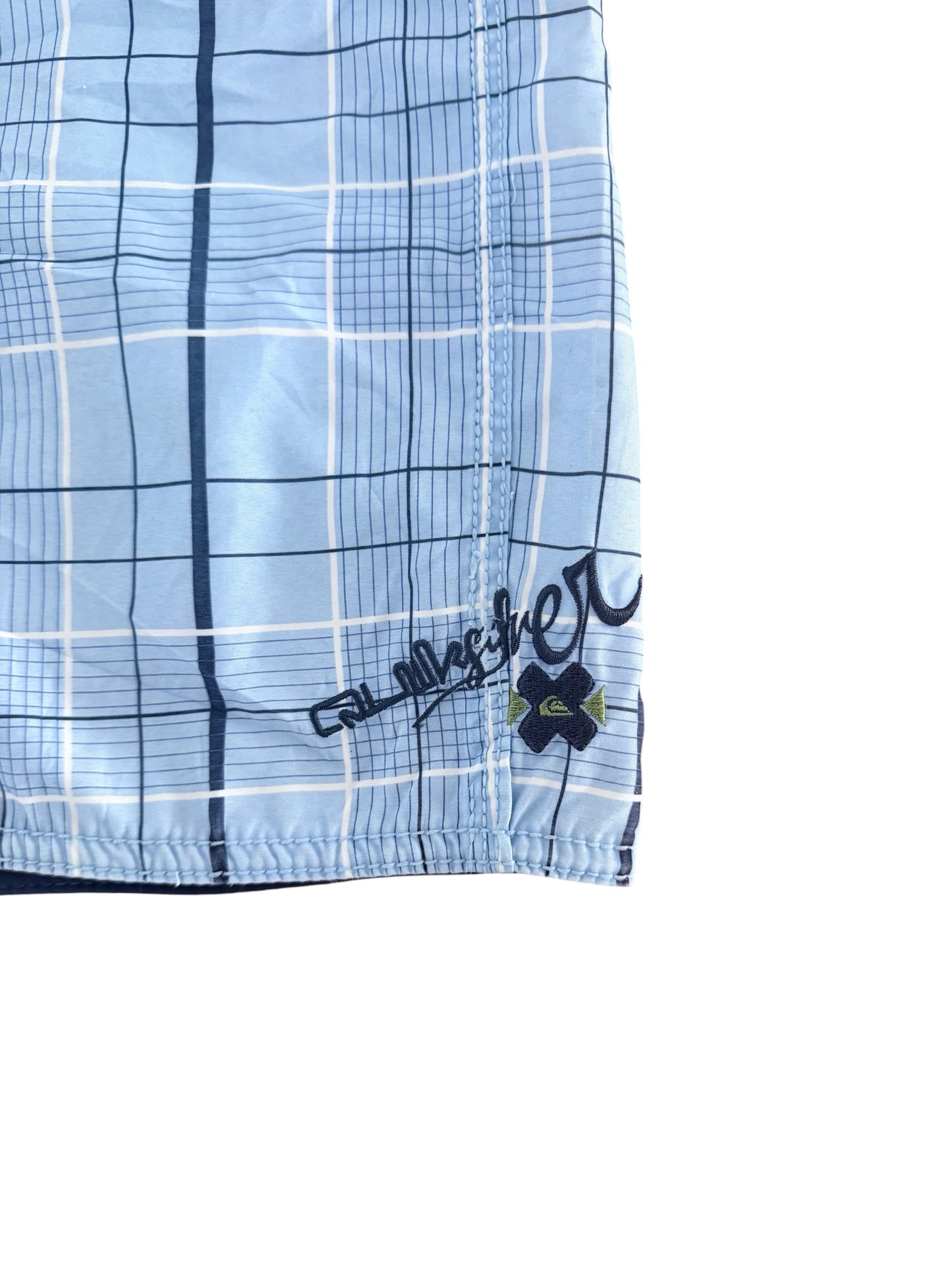 Vintage Quiksilver Blue Plaid Cargo Pocket Board Shorts, Large