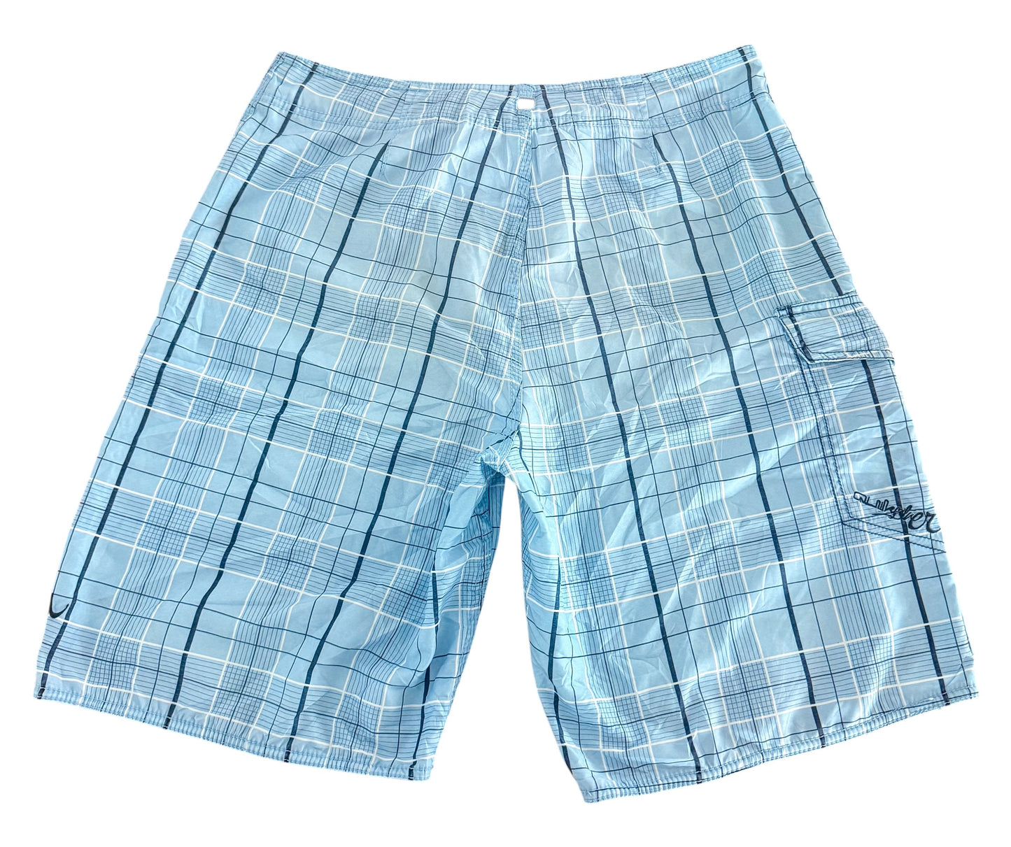 Vintage Quiksilver Blue Plaid Cargo Pocket Board Shorts, Large