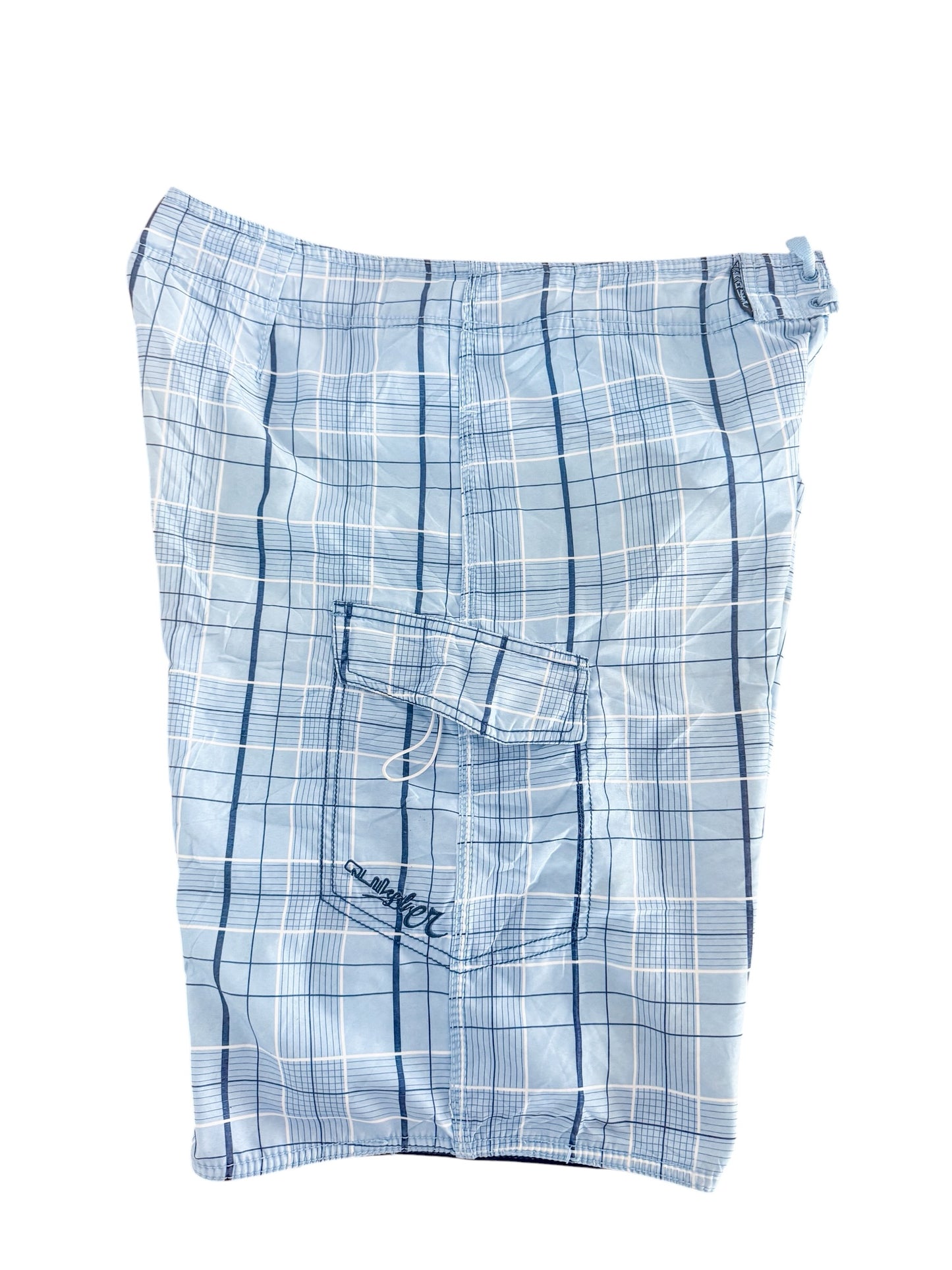 Vintage Quiksilver Blue Plaid Cargo Pocket Board Shorts, Large