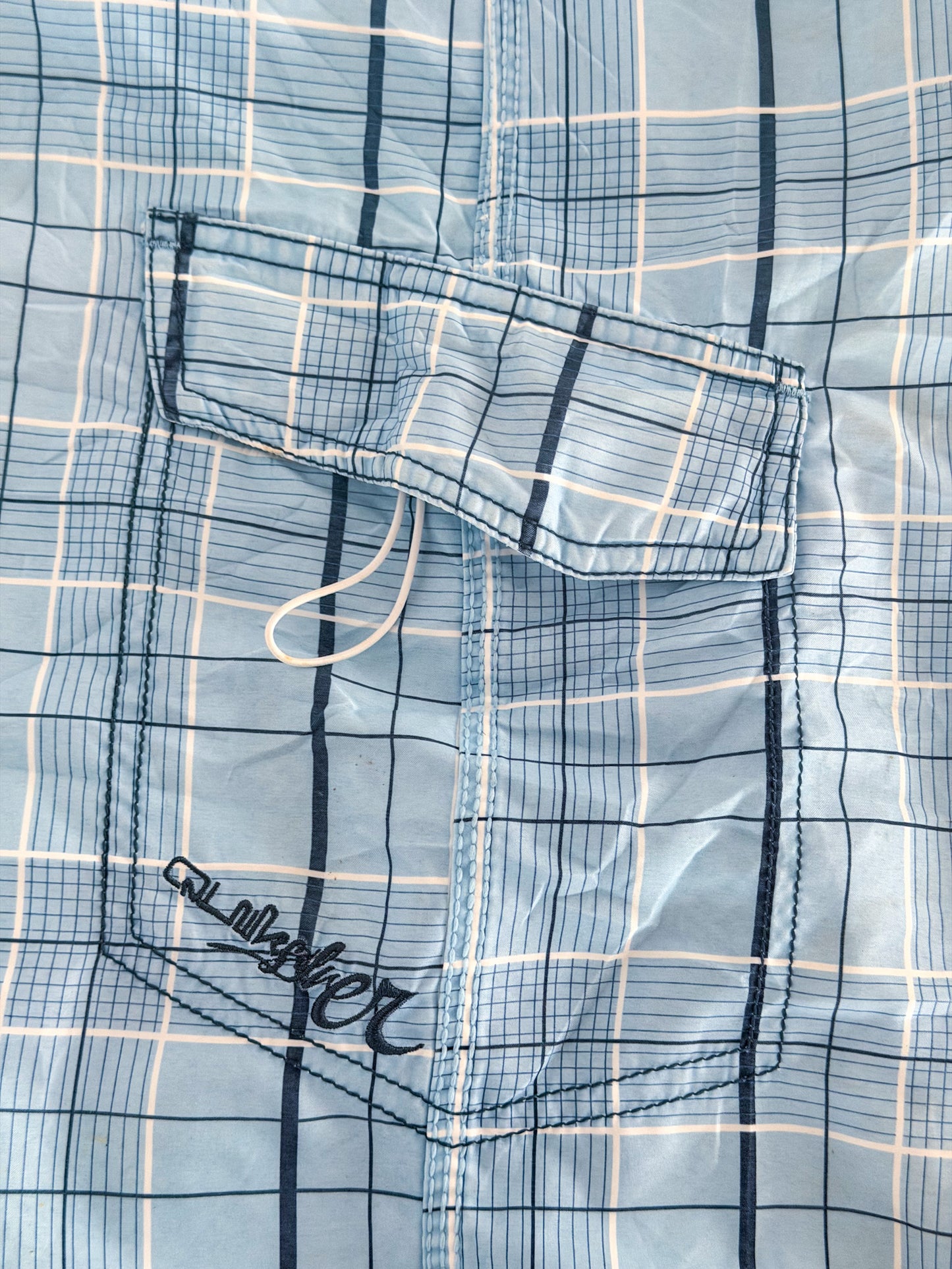 Vintage Quiksilver Blue Plaid Cargo Pocket Board Shorts, Large