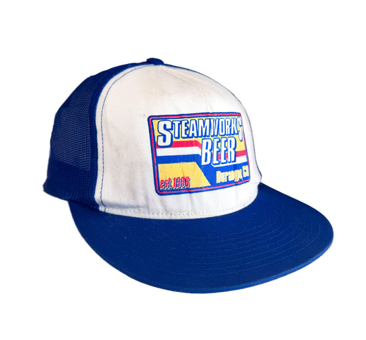 Vintage Steamworks Beer Trucker Hat | 90s Durango Colorado Brewery Snapback | Blue & White Mesh Cap | Retro Beer Advertising Hat