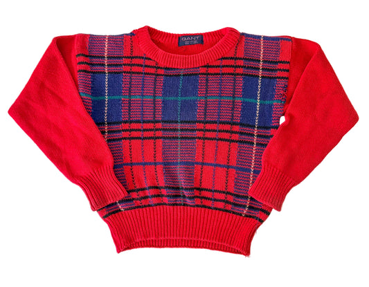 Vintage GANT Kids Tartan Knit Jumper | 90s Red Plaid Sweater | Made in Korea | Classic Preppy Knitwear, Size 6-8 Years