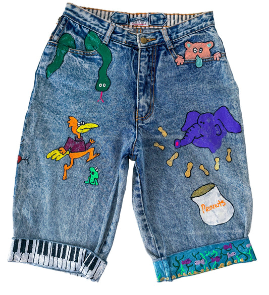 Vintage 80s Hand-Painted Denim Cartoon Art Jean Shorts One-of-a-Kind Pop Art Streetwear, Small 28"Waist