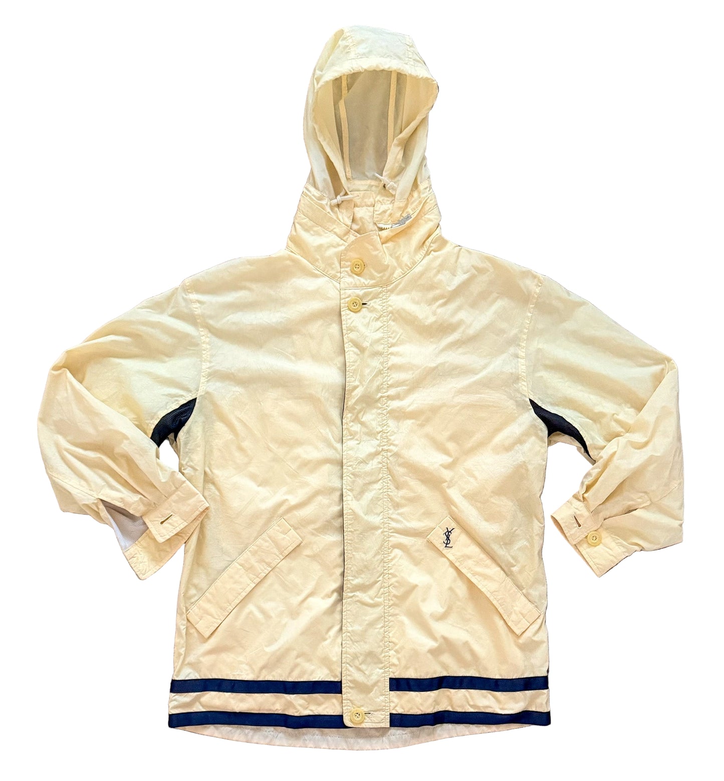 Vintage Yves Saint Laurent Pour Homme Windbreaker Jacket | 90s YSL Nylon Hooded Coat | Yellow & Navy Designer Outerwear, Size Large