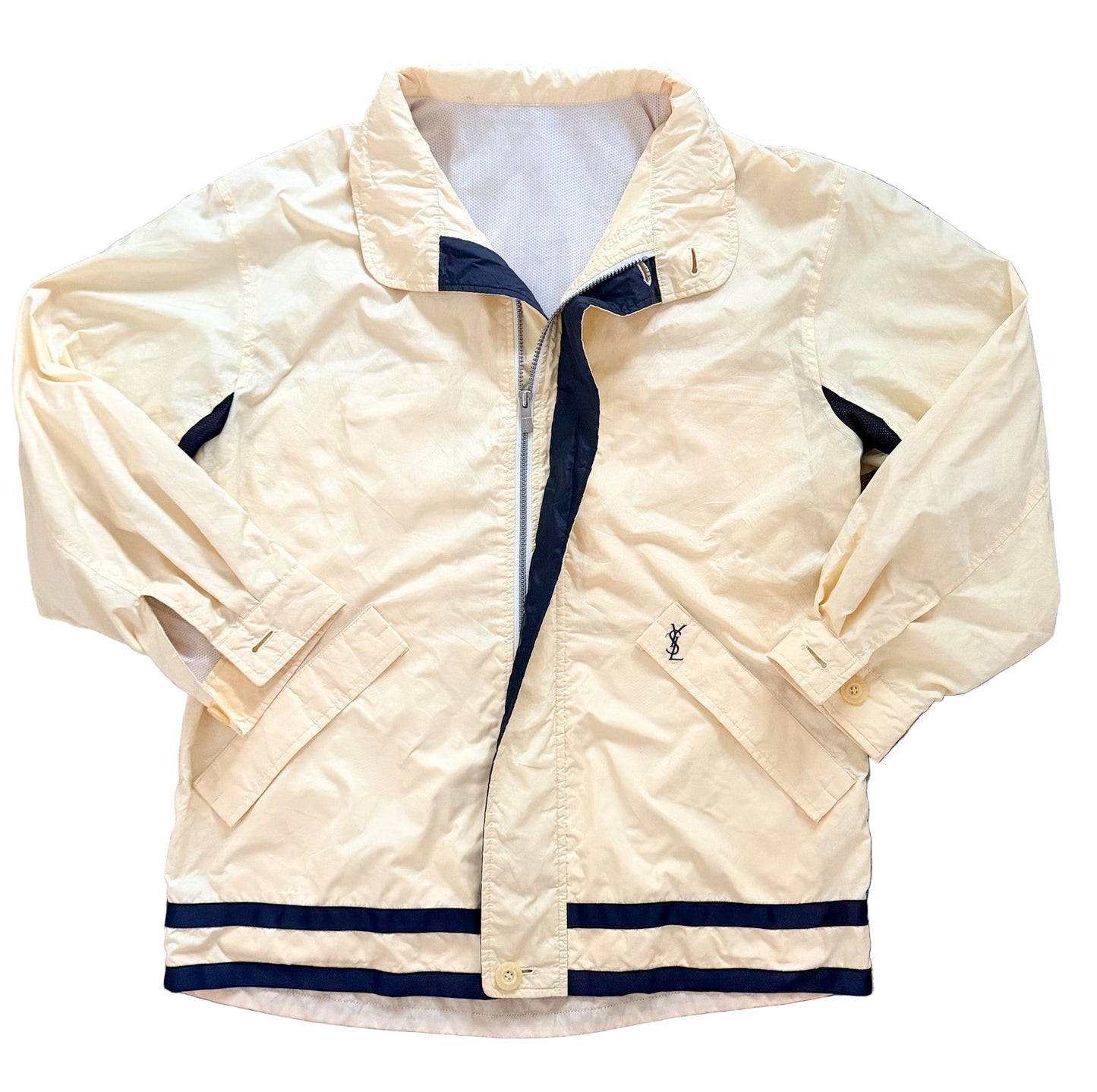 Vintage Yves Saint Laurent Pour Homme Windbreaker Jacket | 90s YSL Nylon Hooded Coat | Yellow & Navy Designer Outerwear, Size Large