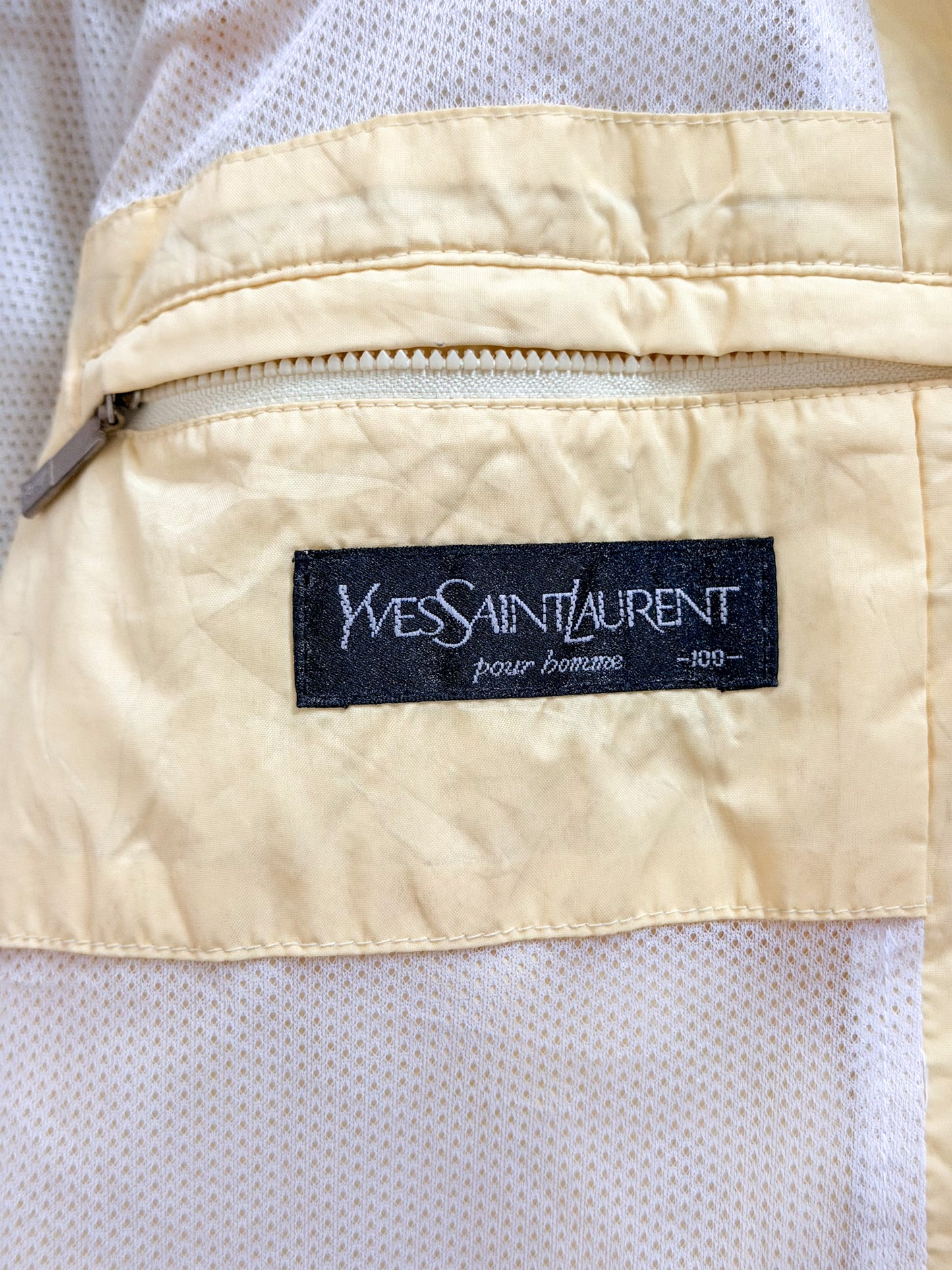 Vintage Yves Saint Laurent Pour Homme Windbreaker Jacket | 90s YSL Nylon Hooded Coat | Yellow & Navy Designer Outerwear, Size Large