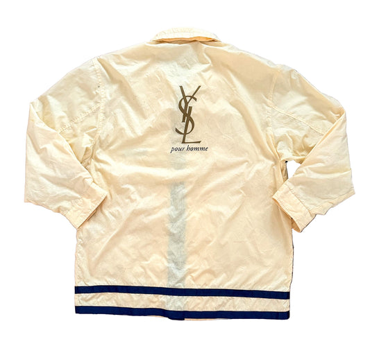 Vintage Yves Saint Laurent Pour Homme Windbreaker Jacket | 90s YSL Nylon Hooded Coat | Yellow & Navy Designer Outerwear, Size Large