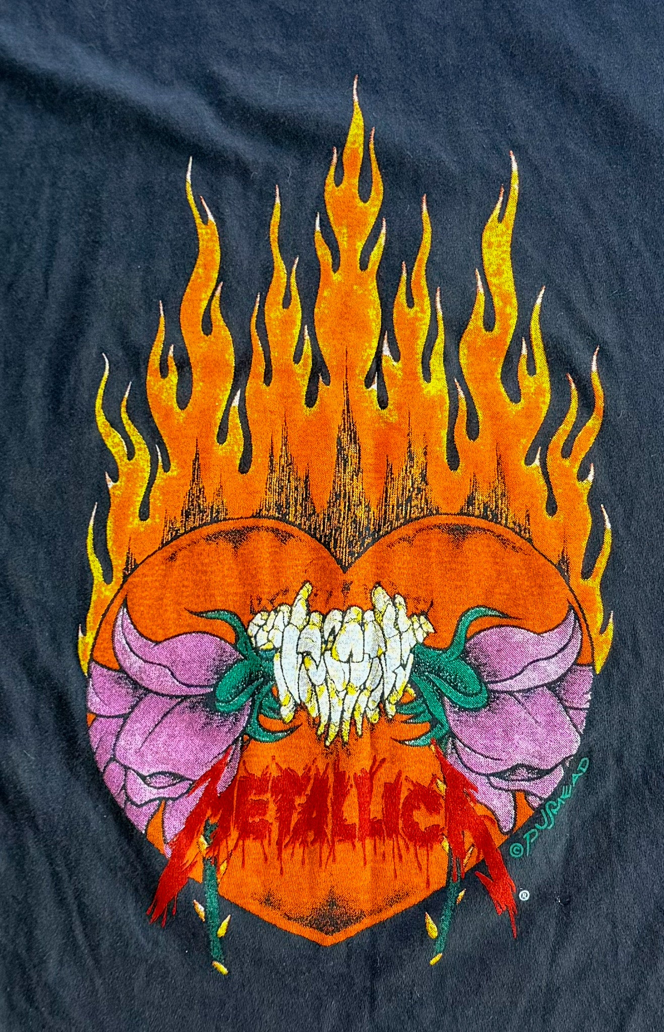Vintage Metallica “Flaming Skull & Heart” Double-Sided T-Shirt | Pushead Art | Giant Issue Made USA|Rare 90s Band Tee, Size Large