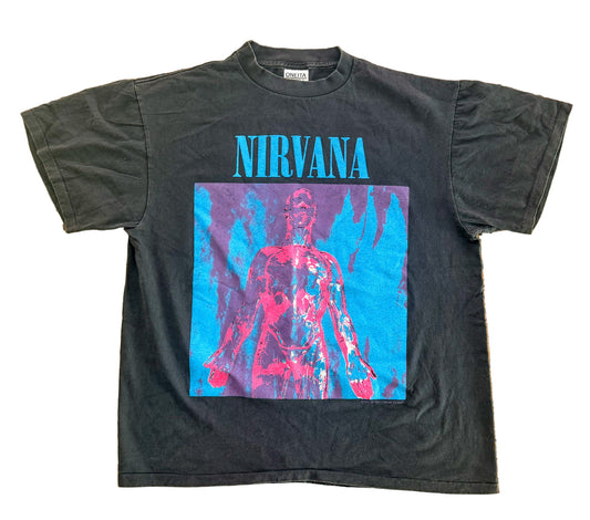 Nirvana 1990s Silver Single Stitch Made USA Oneita Power-T Black Cotton Band T-shirt, Size-Large Rare