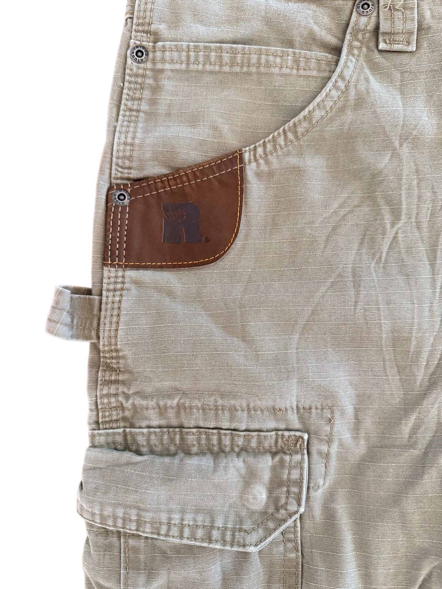 Vintage Wrangler Riggs Workwear Utility Cargo Jort Shorts Taupe Khaki Large 34" Waist