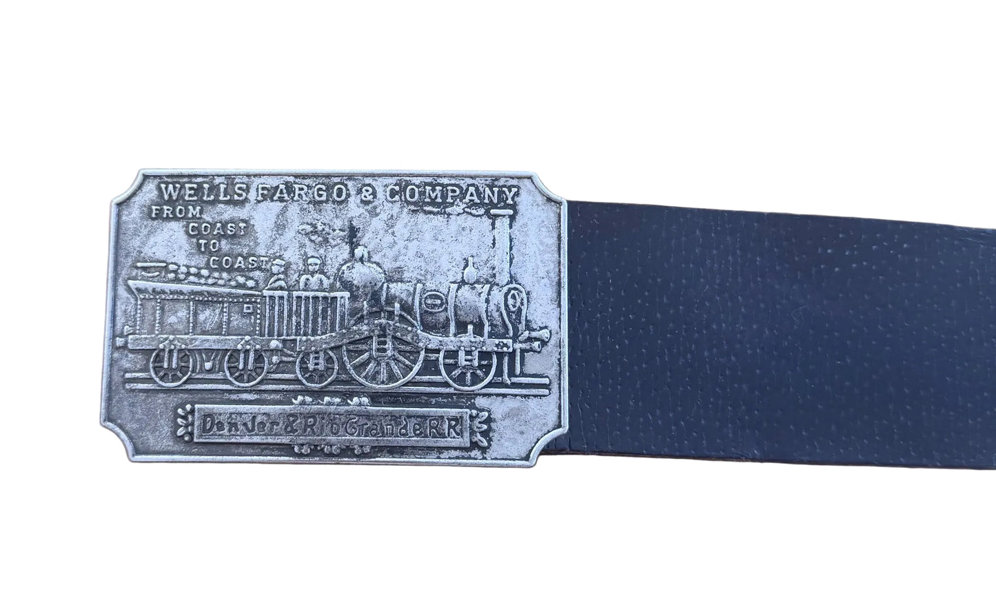 Vintage Wells Fargo Railroad Buckle Black Leather Belt, Small