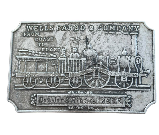 Vintage Wells Fargo Railroad Buckle Black Leather Belt, Small