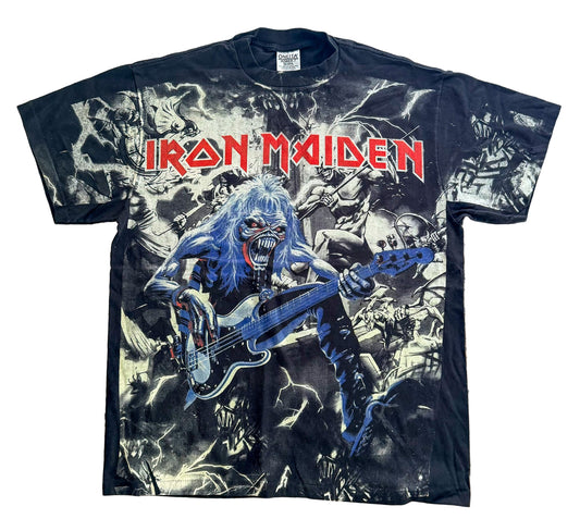 Vintage Iron Maiden Single Stitch Band Tee – Oneita Power-T All Over Print Eddie Graphic T-Shirt Made in USA, Size-XL