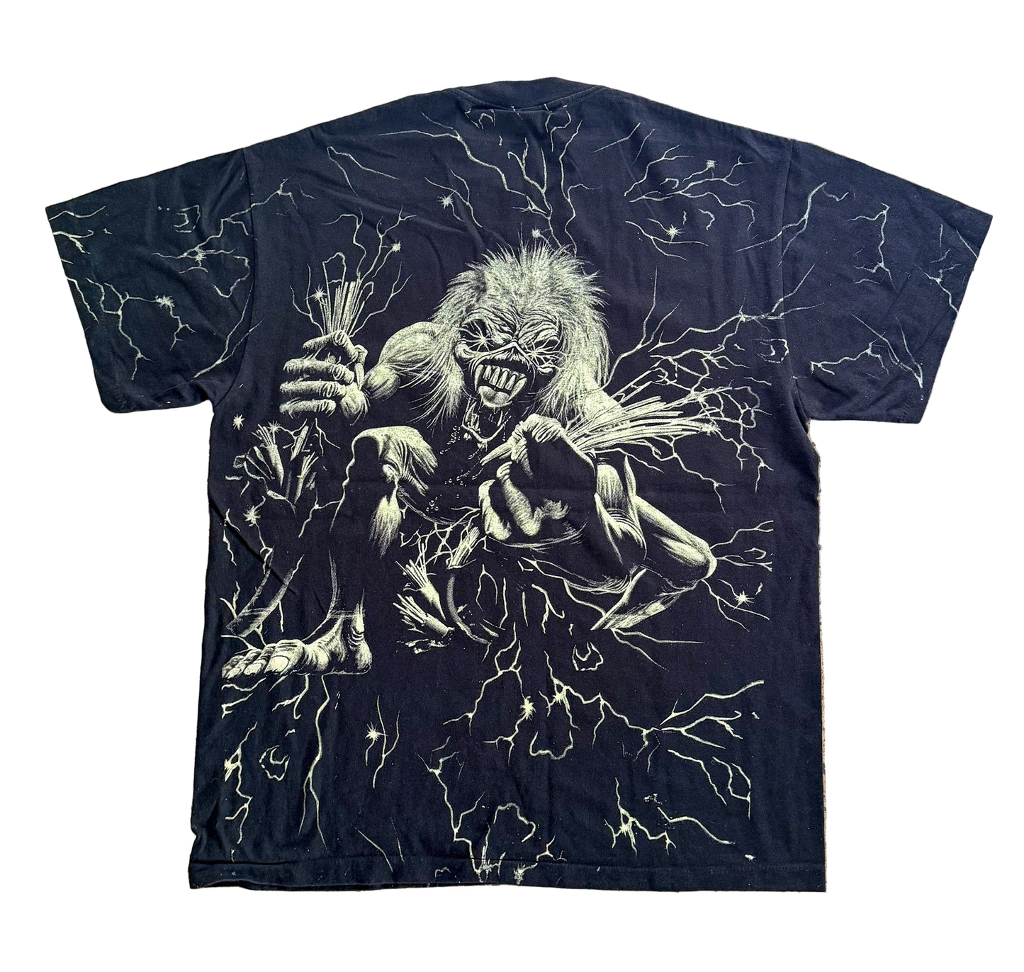 Vintage Iron Maiden Single Stitch Band Tee – Oneita Power-T All Over Print Eddie Graphic T-Shirt Made in USA, Size-XL