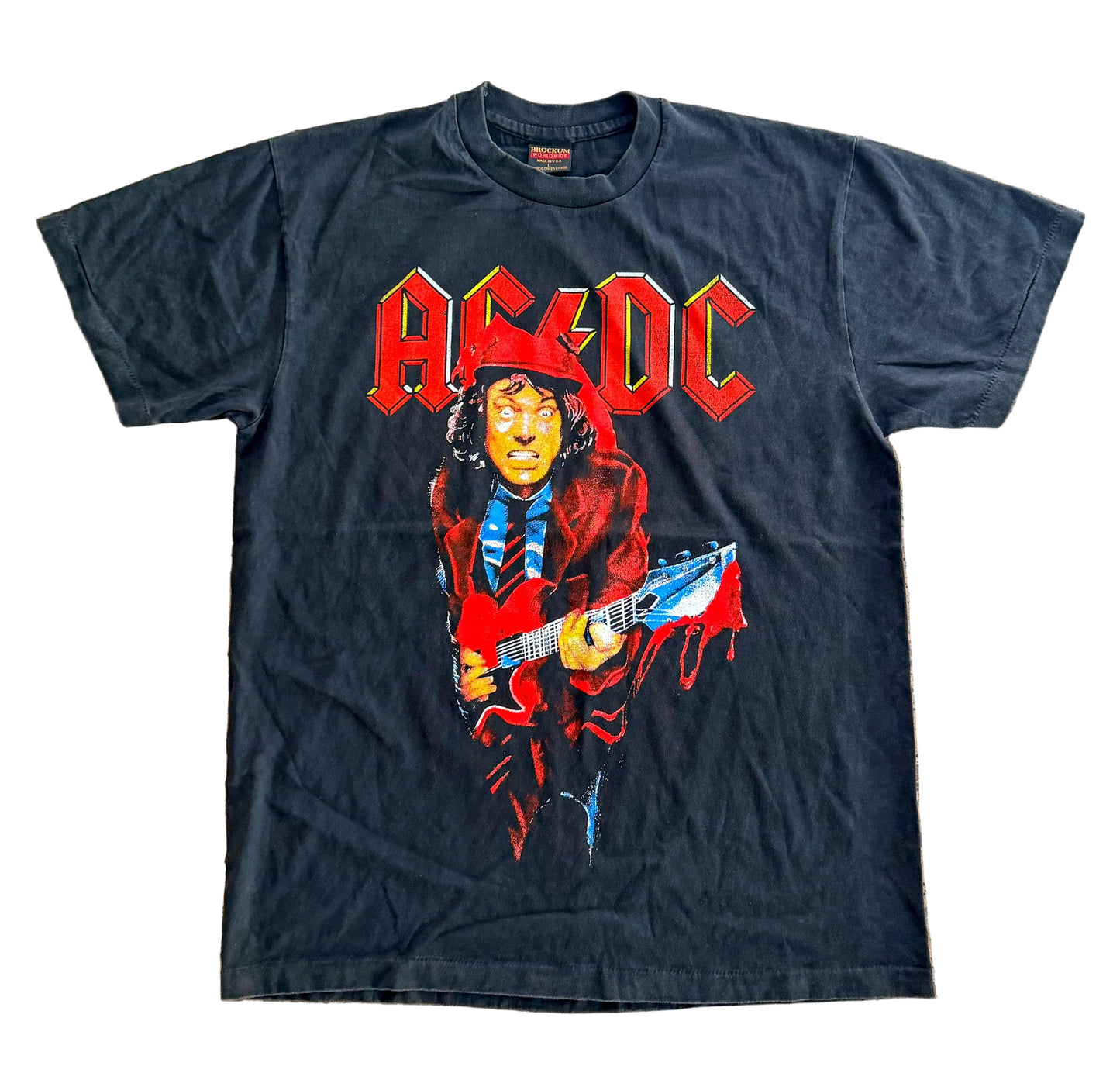 Vintage AC/DC Angus Young Tour T-Shirt Brockum Tag USA Made – 90s Rock Band Tee, Single Stitch Graphic, Size-Large