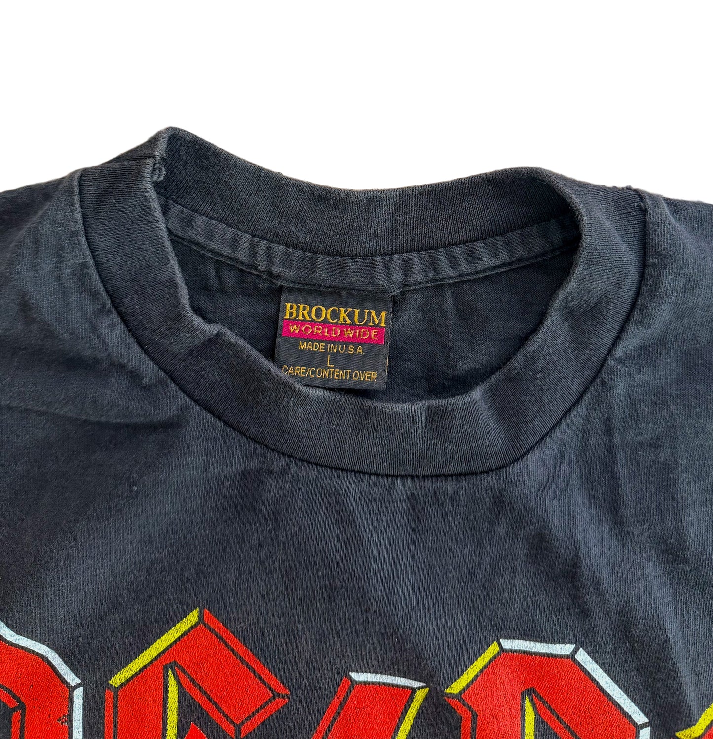 Vintage AC/DC Angus Young Tour T-Shirt Brockum Tag USA Made – 90s Rock Band Tee, Single Stitch Graphic, Size-Large