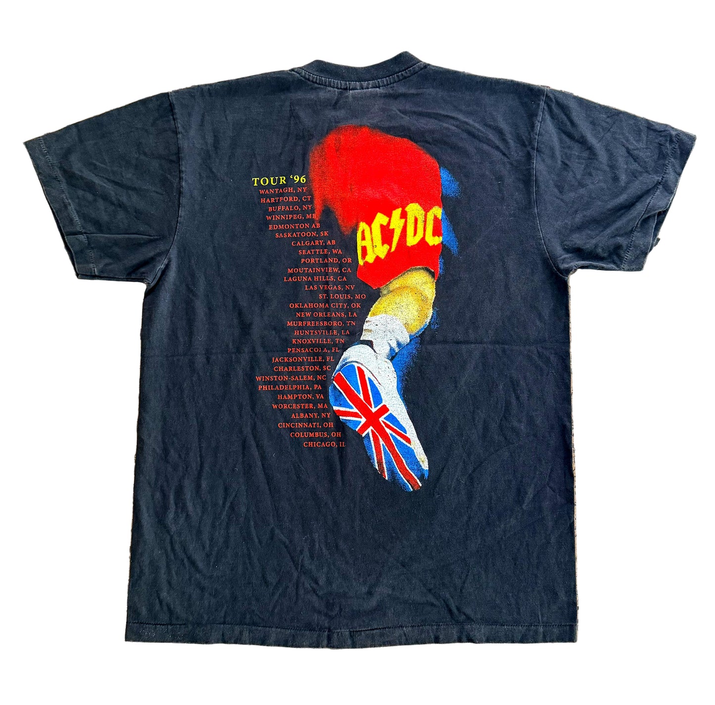 Vintage AC/DC Angus Young Tour T-Shirt Brockum Tag USA Made – 90s Rock Band Tee, Single Stitch Graphic, Size-Large