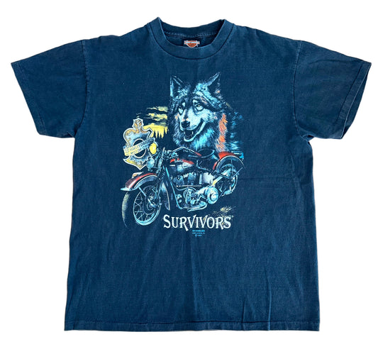 Vintage 1991 Harley-Davidson Survivors T-Shirt – 3D Emblem Wolf Motorcycle Double-Sided Single Stitch Made in USA Biker Tee,Size-Large