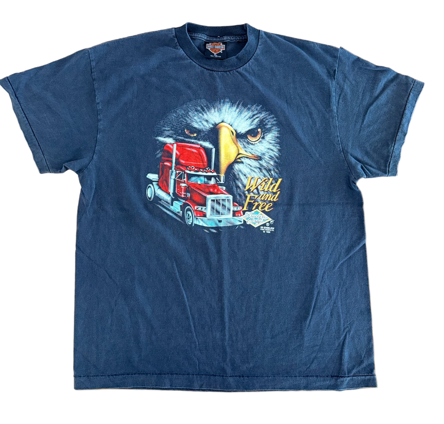 Vintage 1989 Harley-Davidson Wild and Free T-Shirt – 3D Emblem Bald Eagle Las Vegas Truck Plaza Double-Sided Made in USA, Size-XL