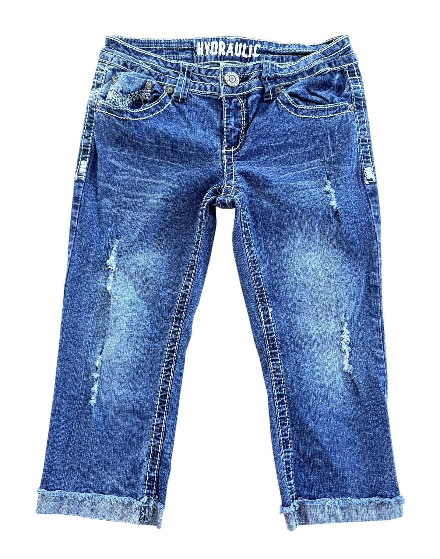 Hydraulic Embroidered Y2K Denim Capri Pants, 28W
