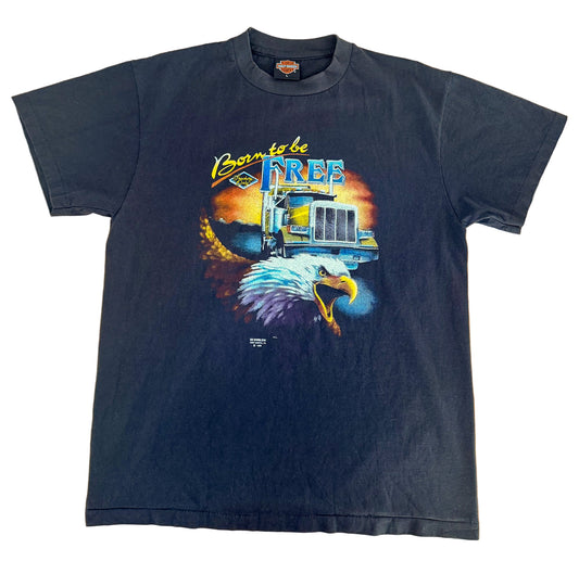 Vintage 1988 Harley-Davidson 3D Emblem Single Stitch T-Shirt Born to Be Free Eagle Semi Truck Tee Grovertown Indiana USA Made Biker T-shirt,Size-Large