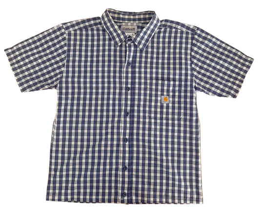 Carhartt Rework Box Fit – Blue Plaid Check Short Sleeve Button-Up Vintage Workwear Box Shirt, Size-Medium