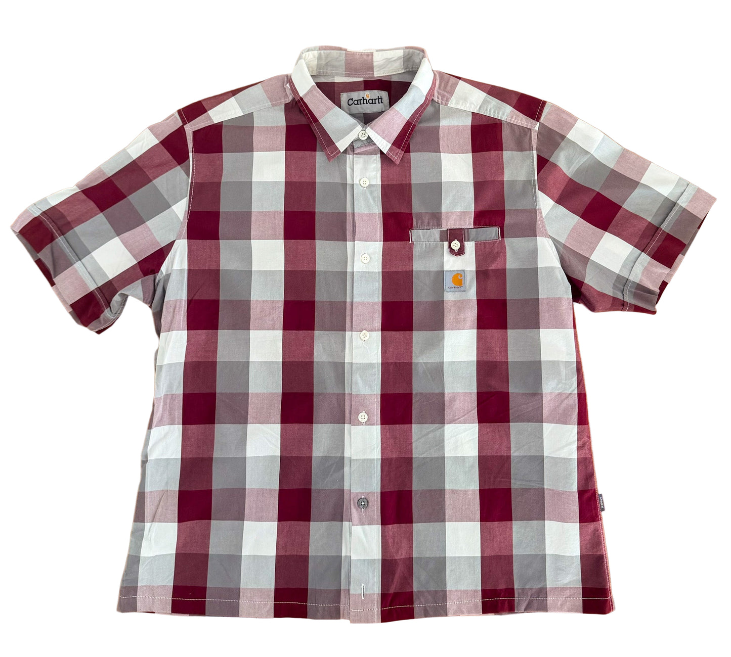 Carhartt Rework Box Fit - Burgundy Grey Plaid Check Short Sleeve Button Up Vintage Workwear Box Shirt,Size-XL